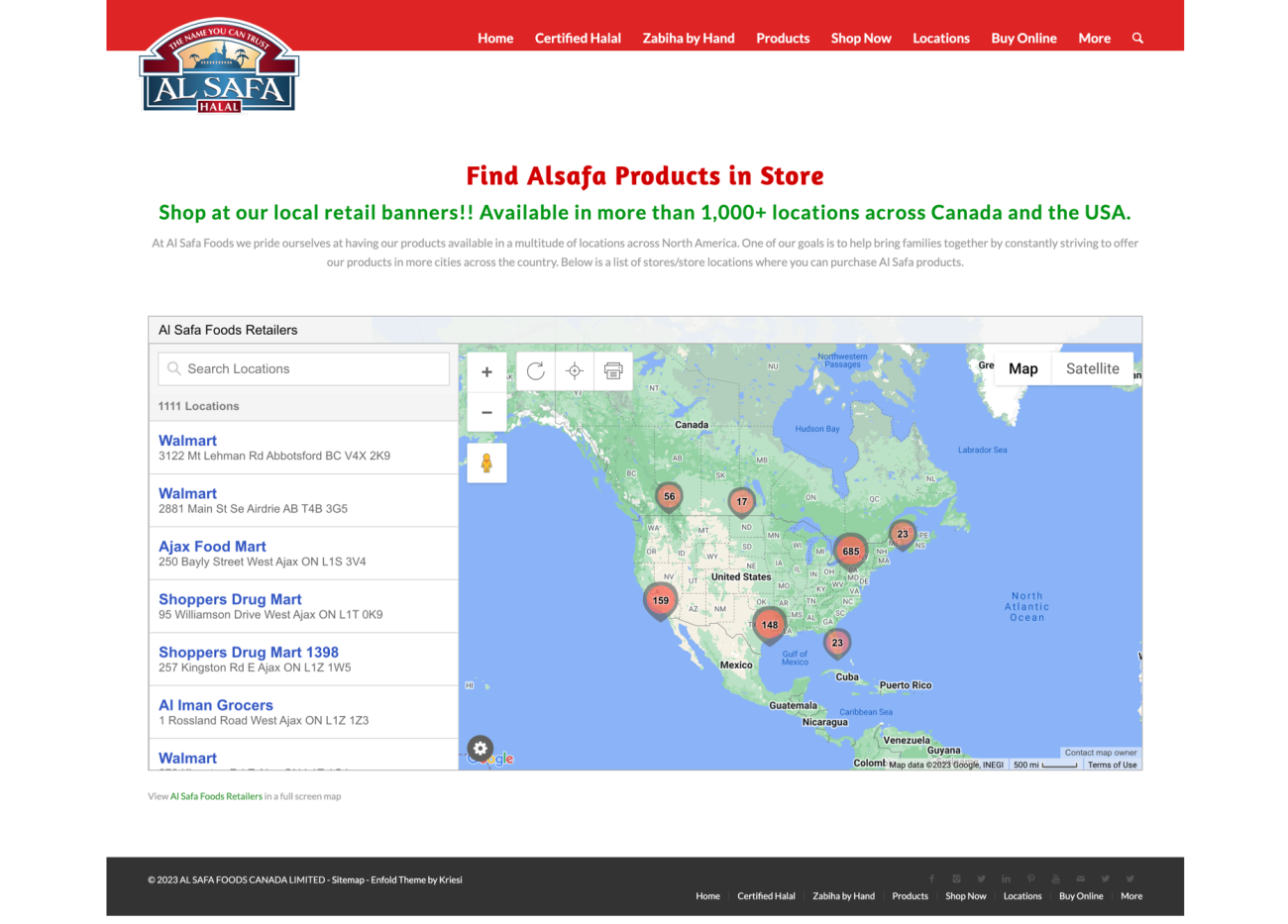 Screenshot of the Al Safa Foods website Locations page