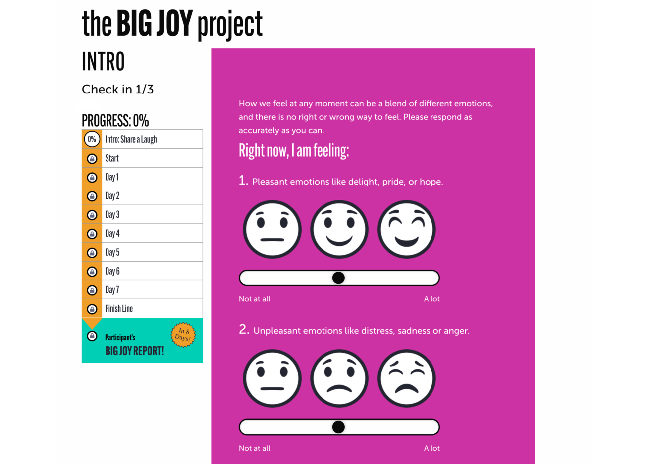 Screenshot of a BIG JOY Project daily check in