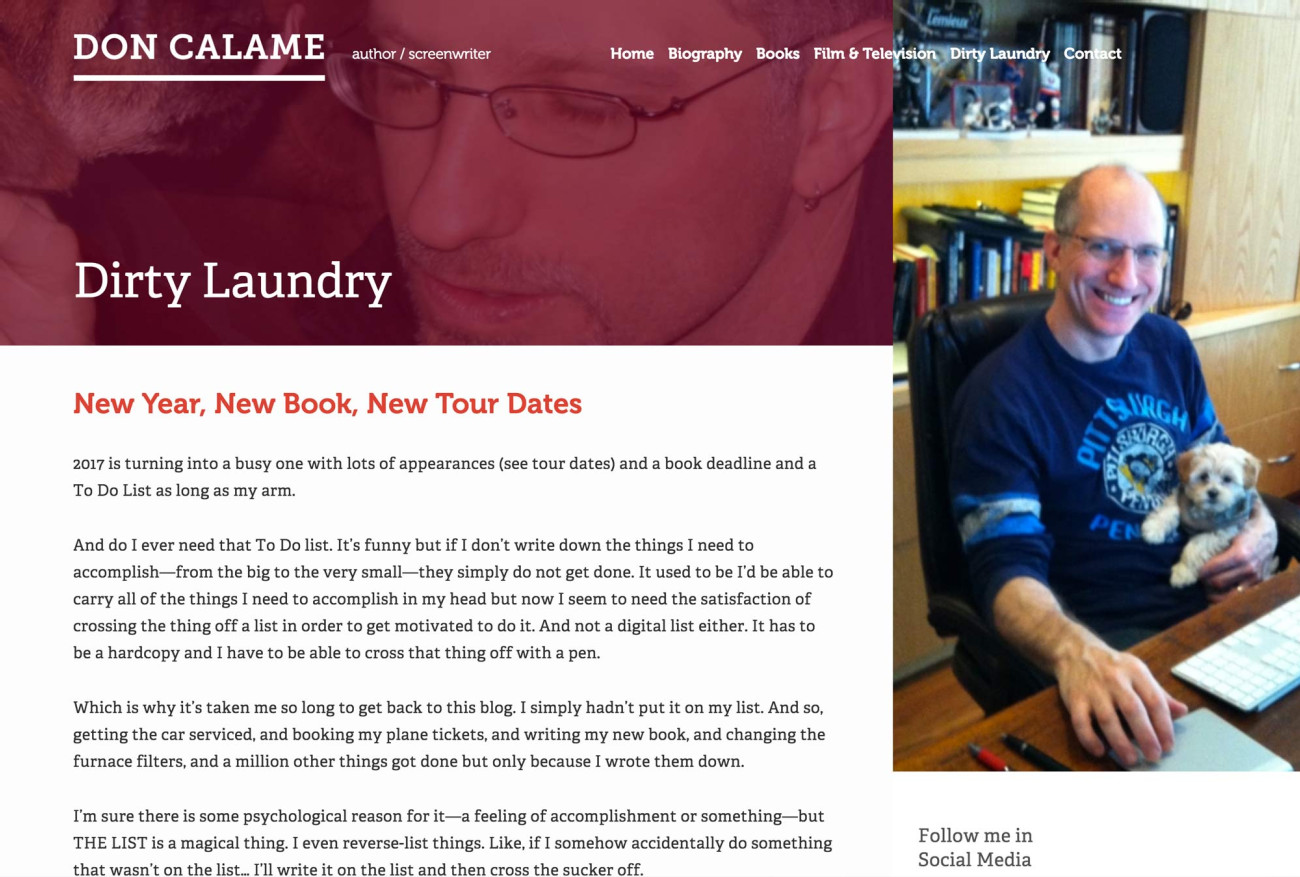 Screenshot of Don Calame's website blog entry