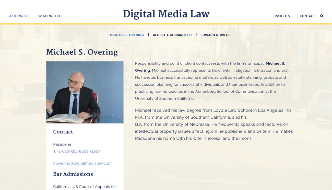 Screenshot of Digital Media Law website Michael Overing's bio page