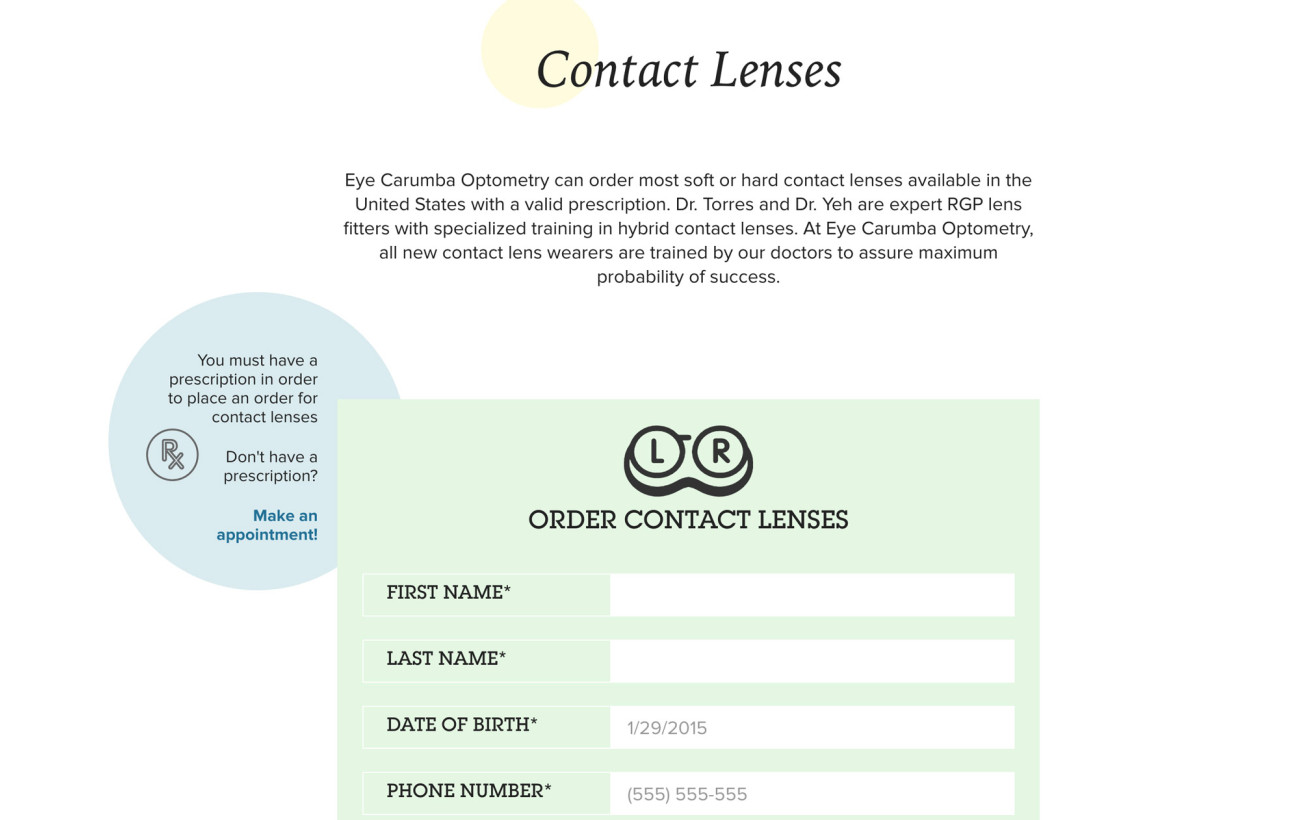 Screenshot of Eye Carumba website Contact Lens order form
