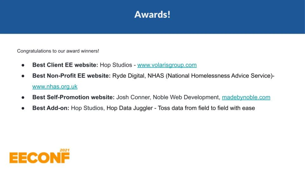 Best Client EE website: Hop Studios for Volaris Group. Best Non-Profit EEE website: Ryde Digital for NHAS. Best Self-Promotion website: Josh Conner for Noble Web Development. Best Add-on: Hop Studios for Hop Data juggler