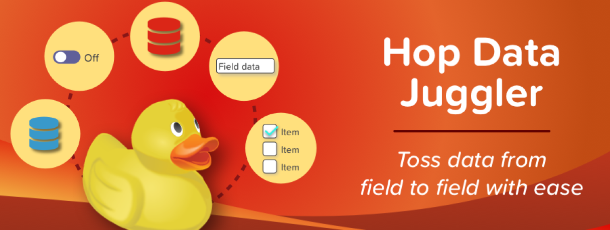 An illustrated duck juggles circles containing form elements. Hop Data Juggler: Toss data from field to field with ease