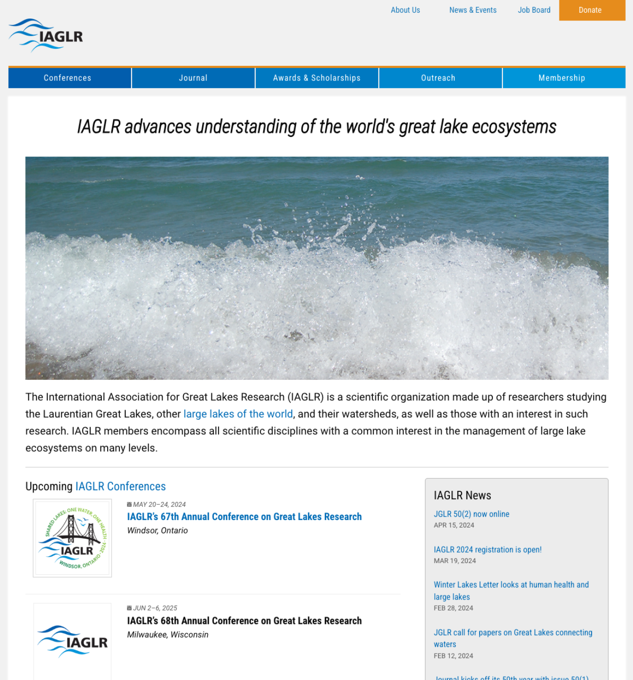 Screenshot of the IAGLR home page