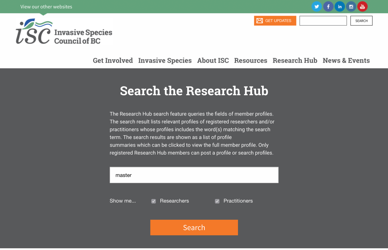 Screenshot of the ISCBC Website Research Hub Search