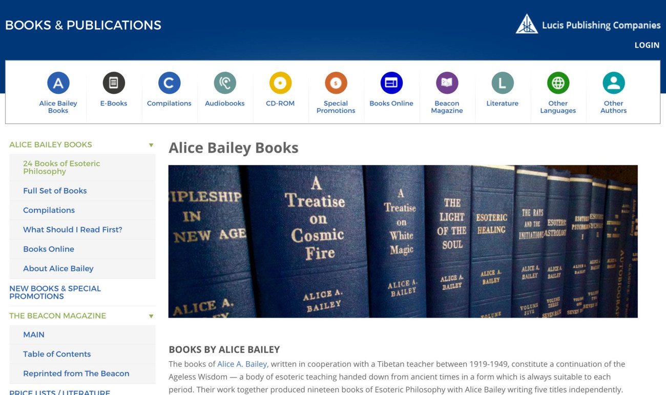 Screenshot of The Lucis Trust website Alice Bailey books page
