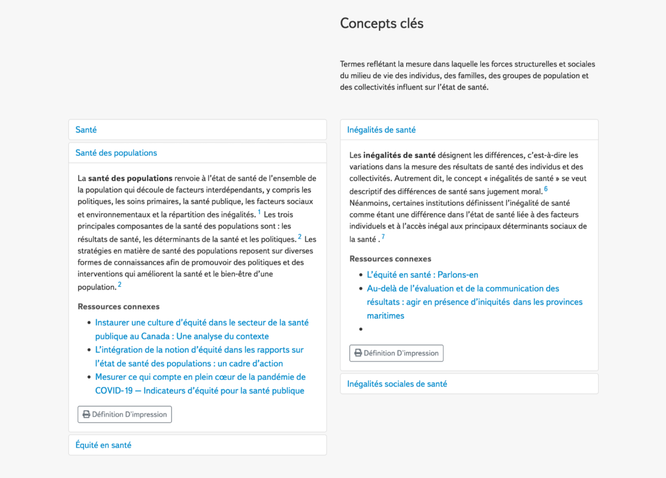 Screenshot of the NCCDH Glossary of Essential Health Equity Terms in French