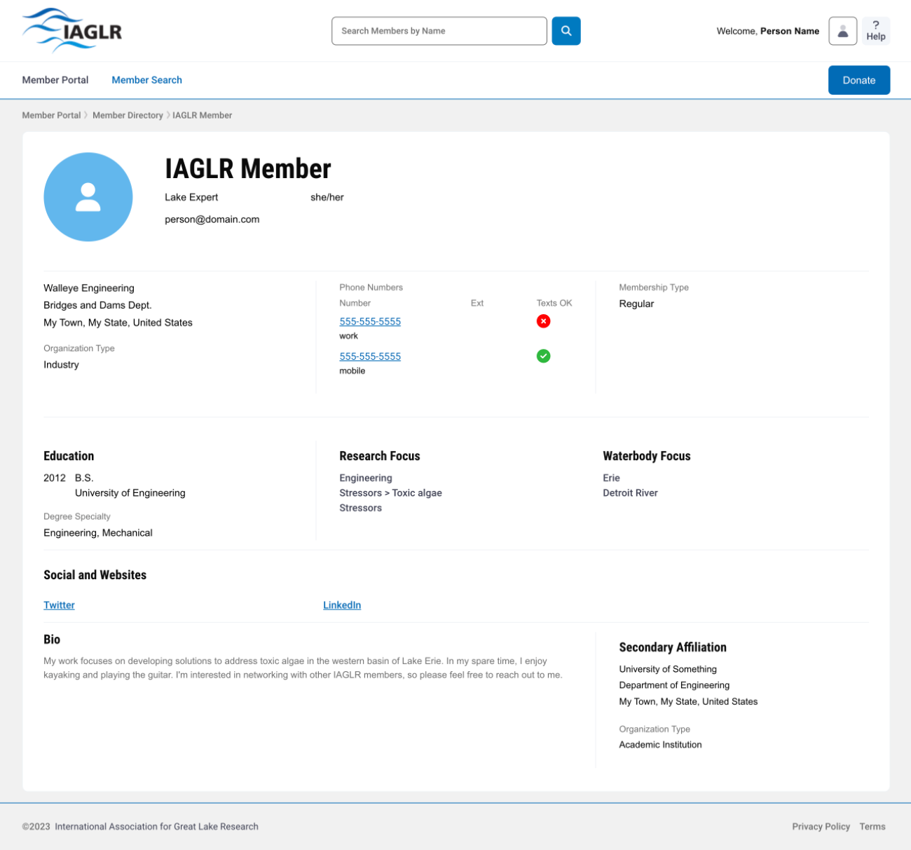 Screenshot of an example IAGLR member directory profile