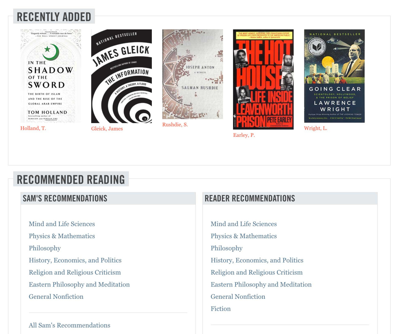 Screenshot of San Harris website book recommendations