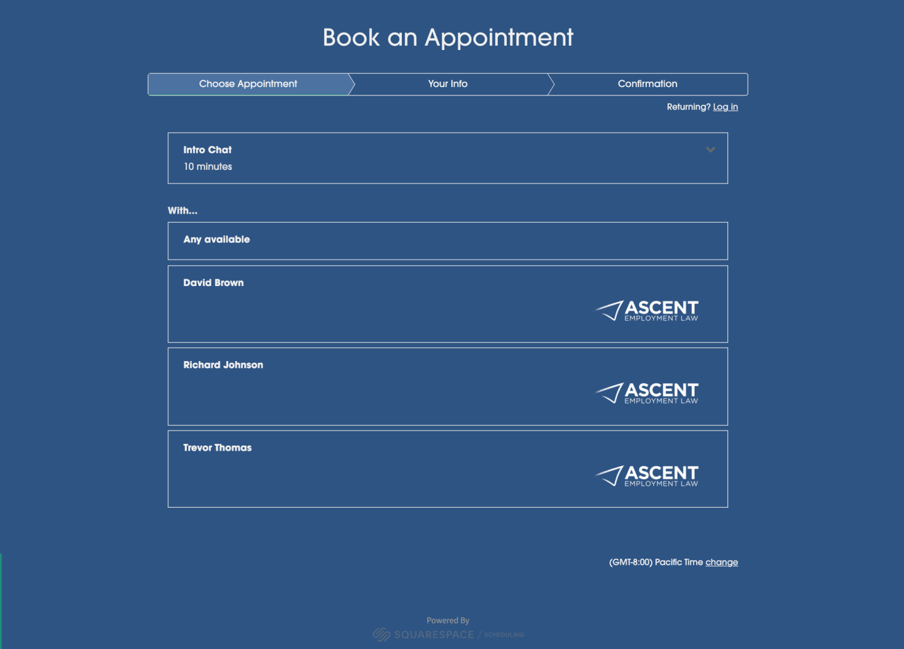 Screenshot of Ascent Employment Law scheduling form