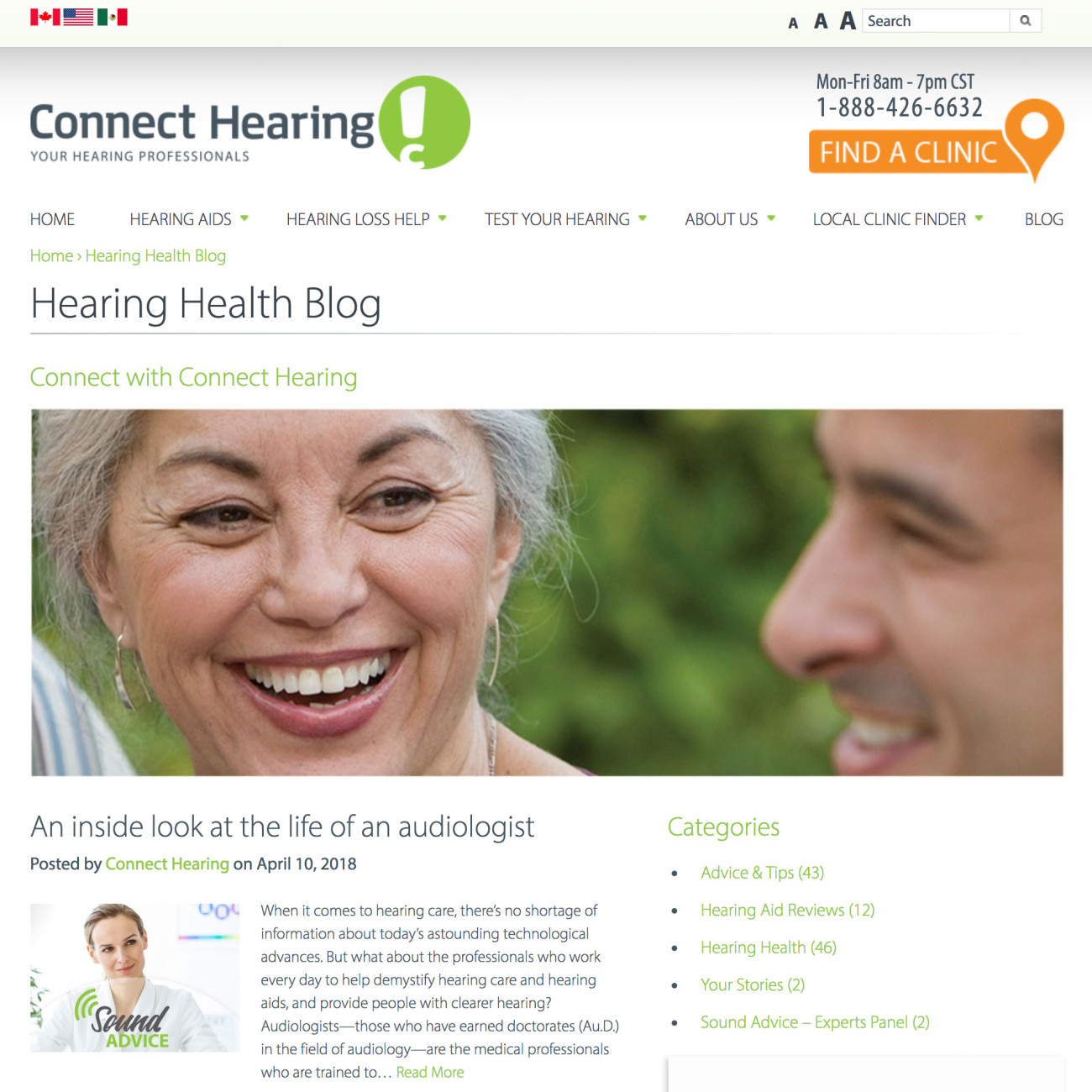 Screenshot of Connect Hearing website Hearing Health blog