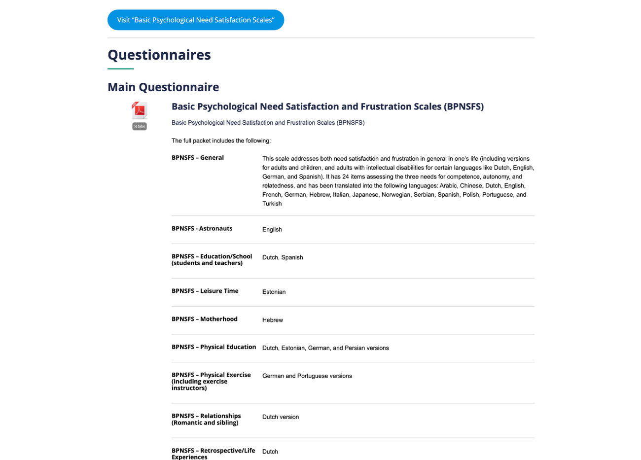 Screenshot of CSDT Questionnaire page