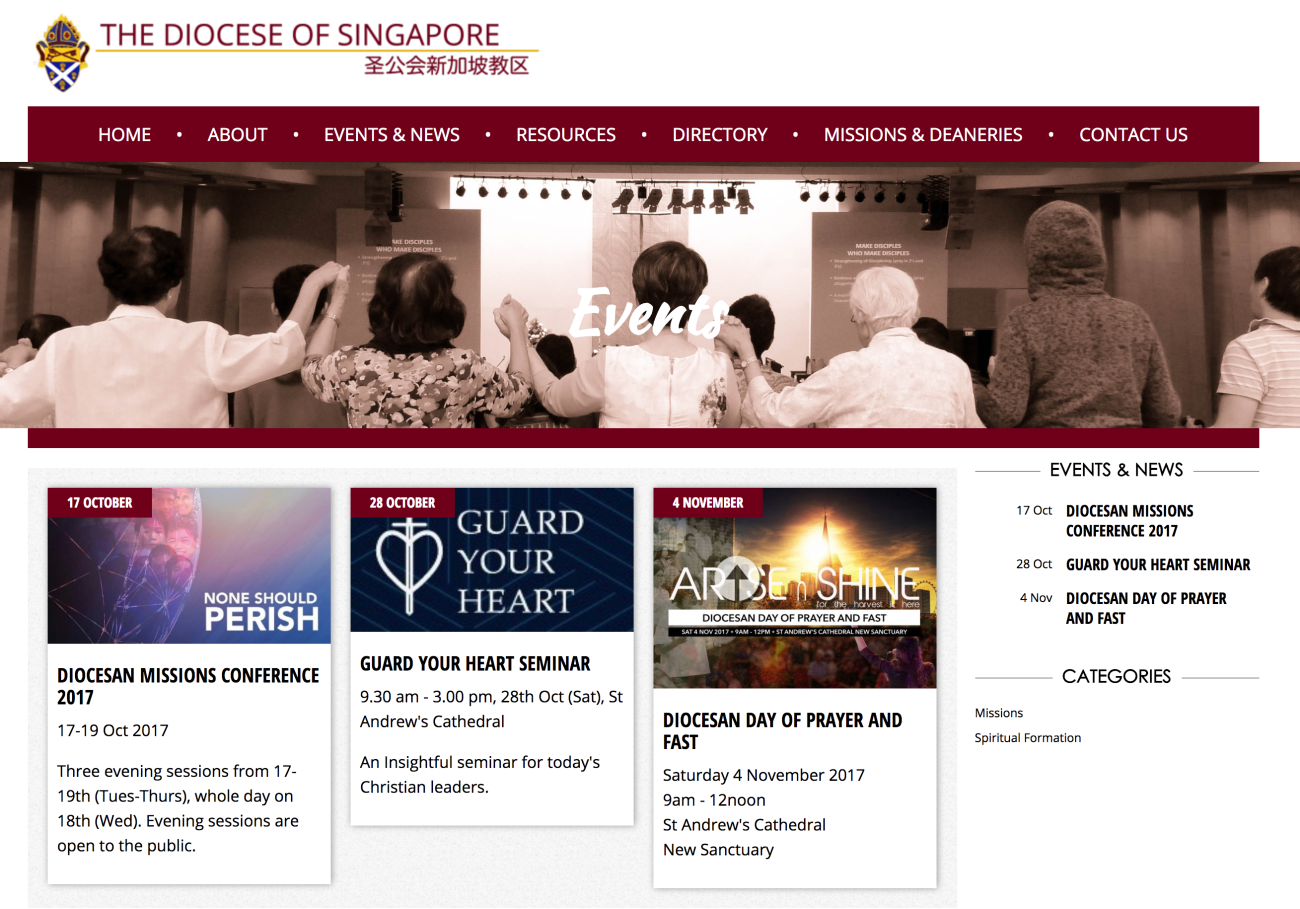 Screenshot of The Diocese of Singapore website Events page
