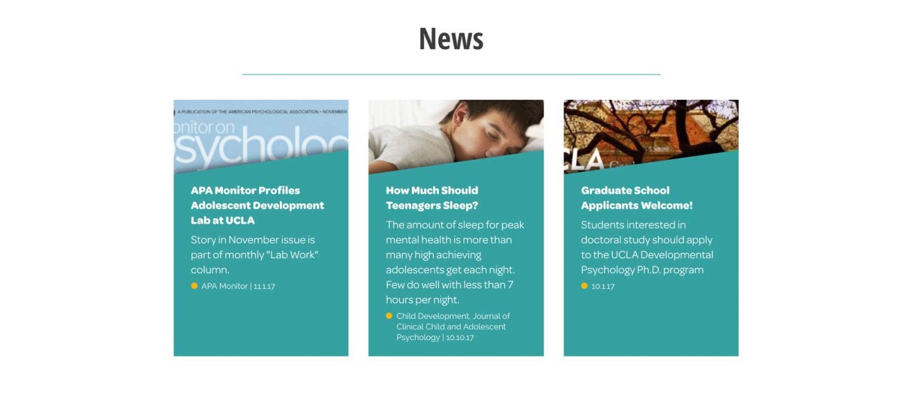 Screenshot of Adolescent Development Lab website News page