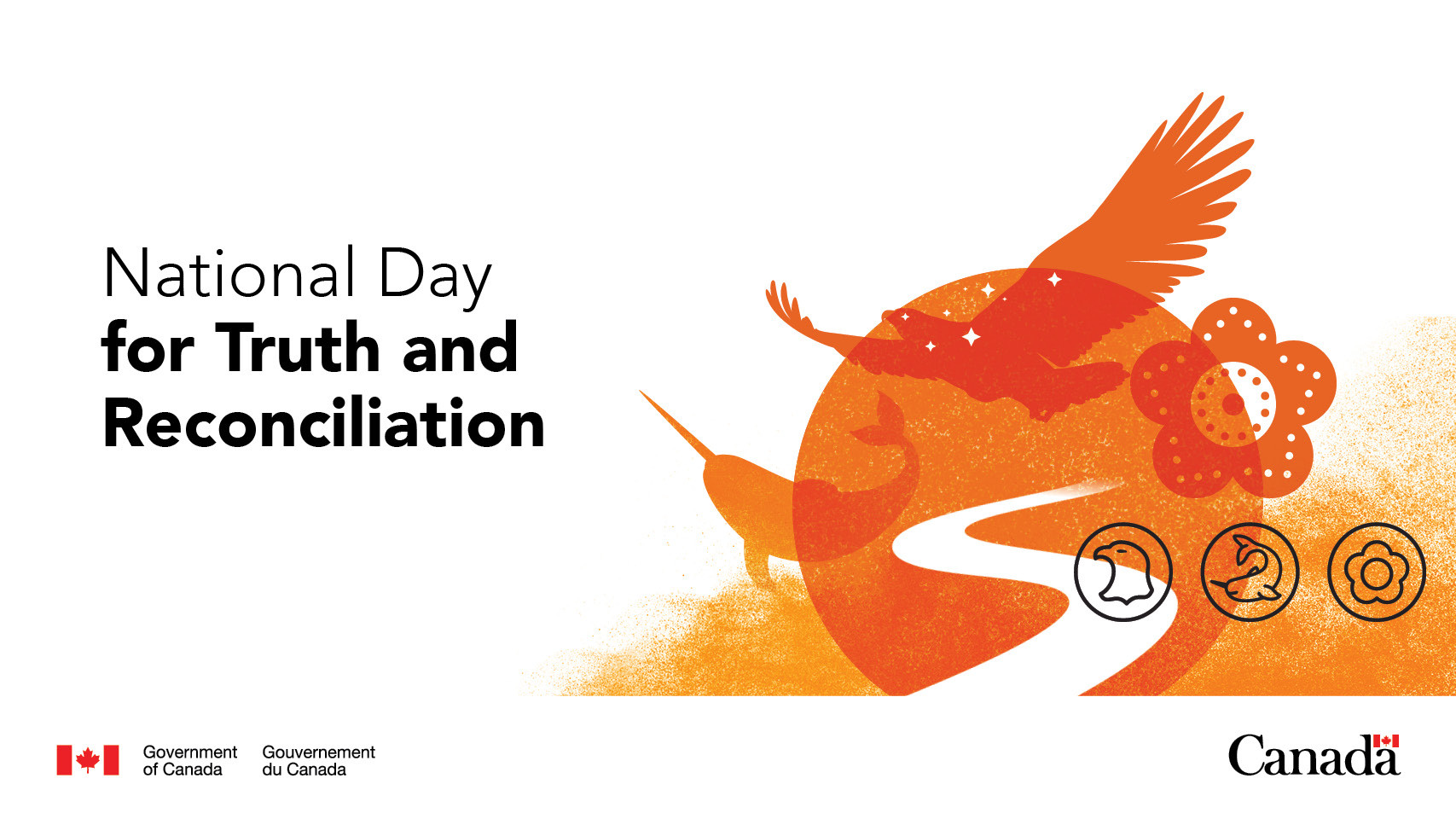 National Day for Truth and Reconciliation imagery in orange, including the eagle to represent First Nations peoples; the narwhal to represent Inuit and the violin to represent Métis peoples