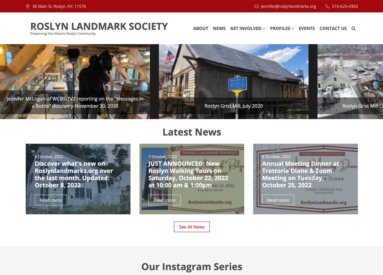 Screenshot of the Roslyn Landmark Society website home page