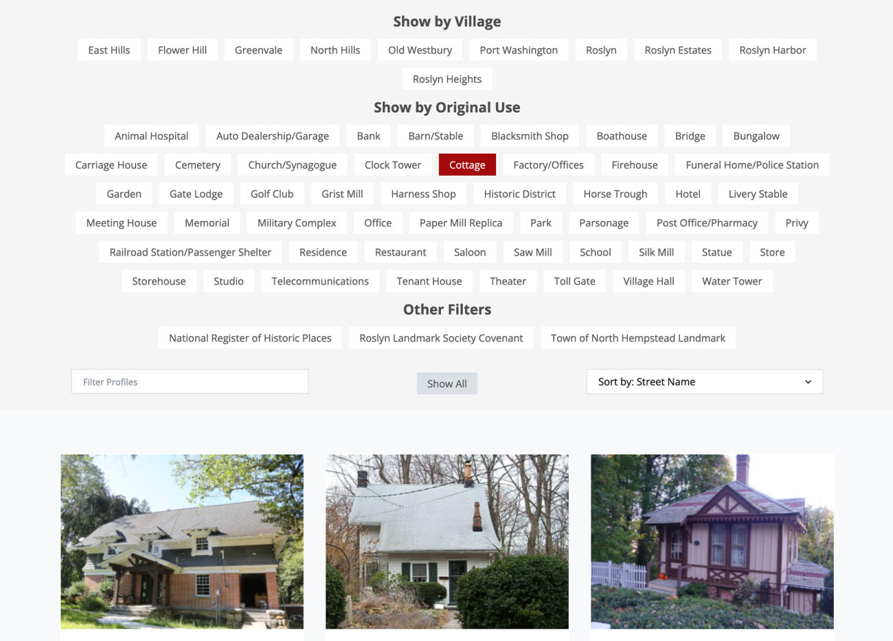Screenshot of the Roslyn Landmark Society website Profiles filter