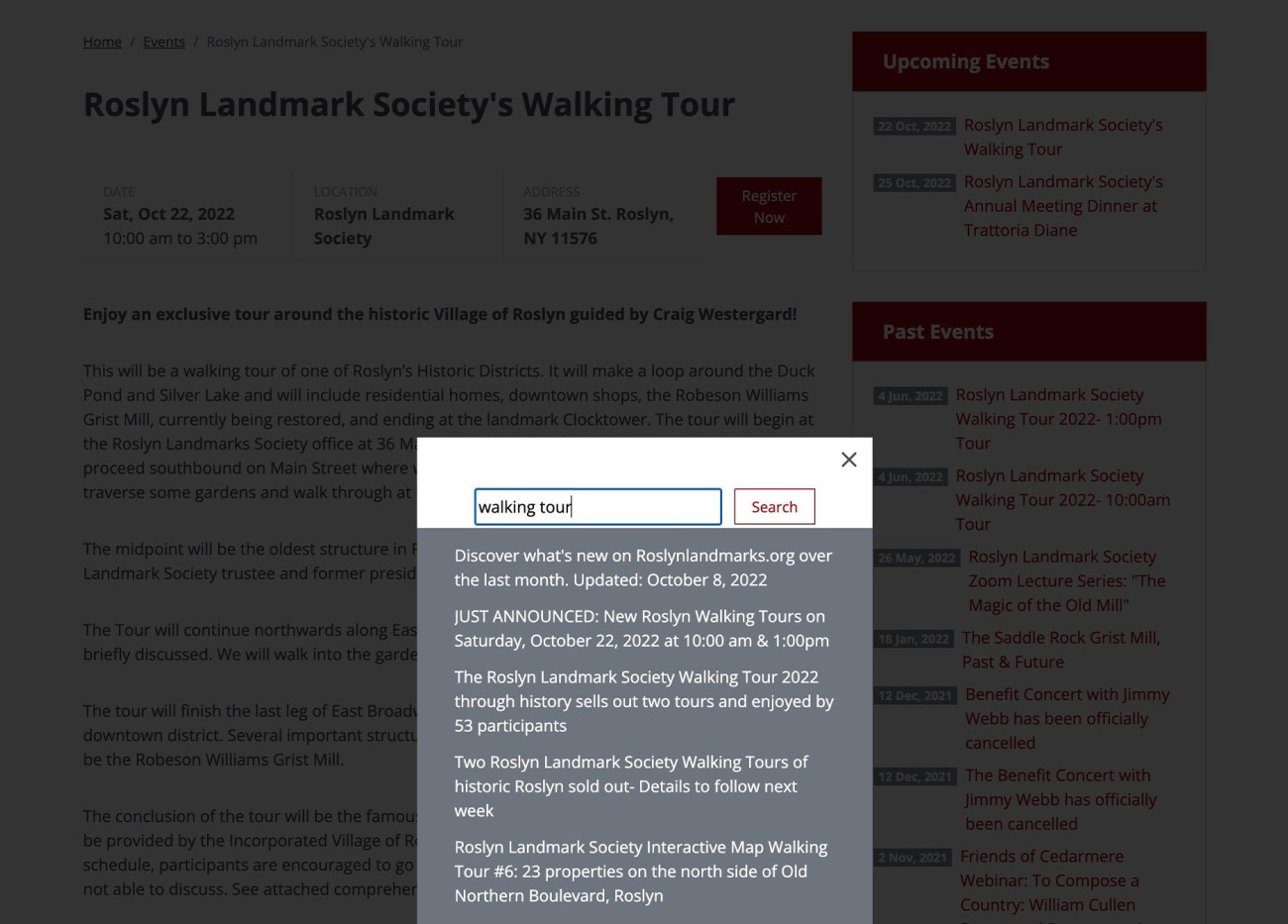 Screenshot of the Roslyn Landmark Society website search overlay