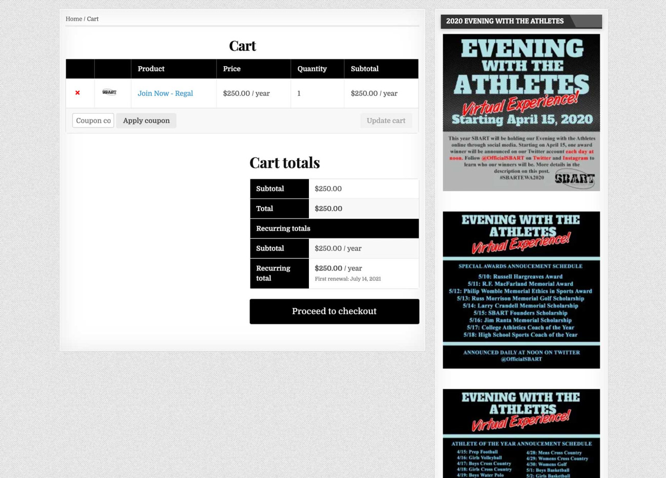 Screenshot of SBART shopping cart