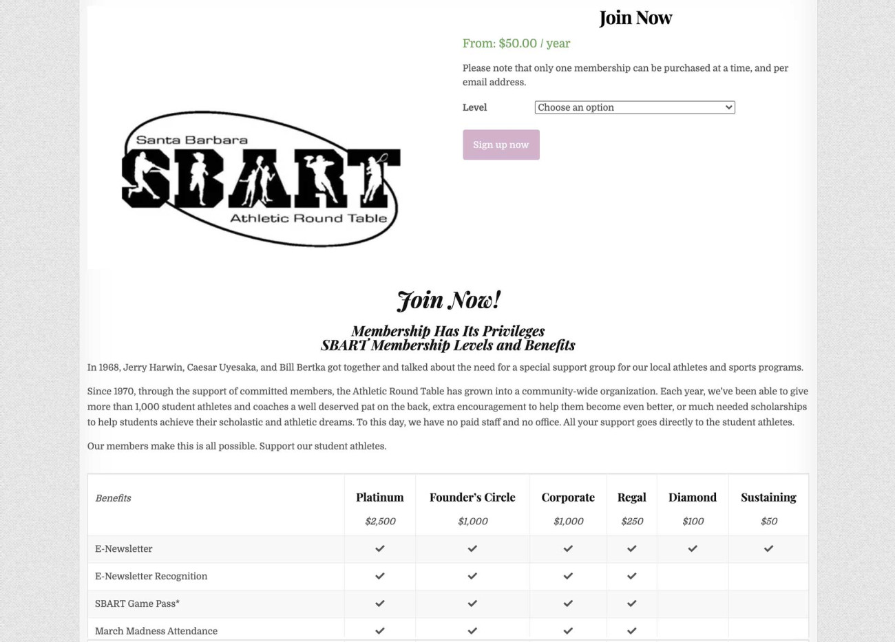 Screenshot of SBART Membership page