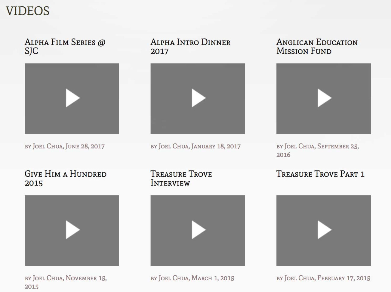 Screenshot of St. James' Church website video listings page