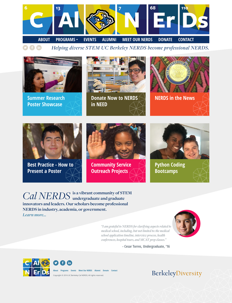 Screenshot of the redesigned Cal NERDs home page