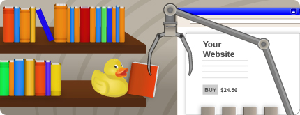 A robotic arm picks up a book on a bookshelf next to a website product page