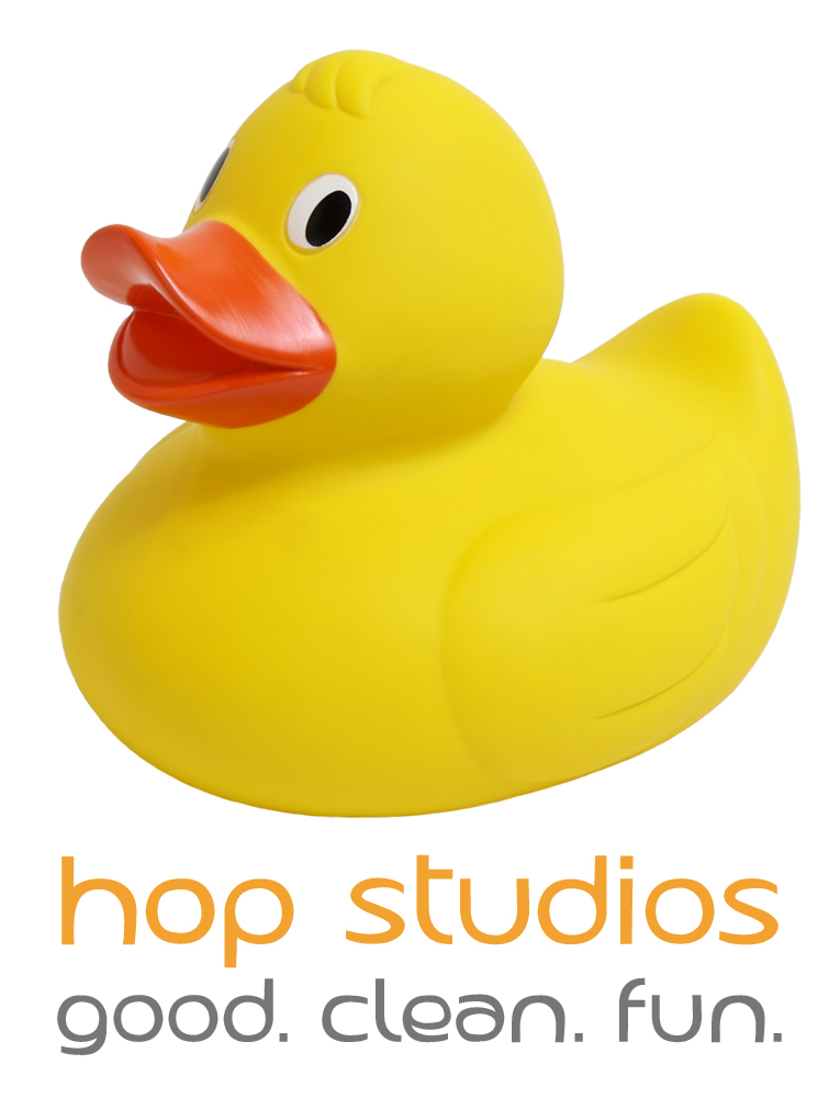 A chubby rubber duck above the words Hop Studios good. clean. fun.